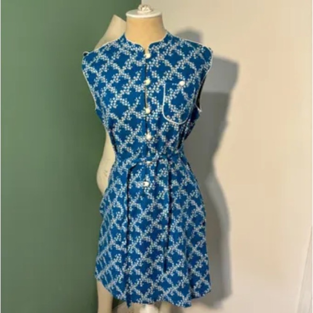 Blue and White Sleeveless Mini Dress with Mock Neck